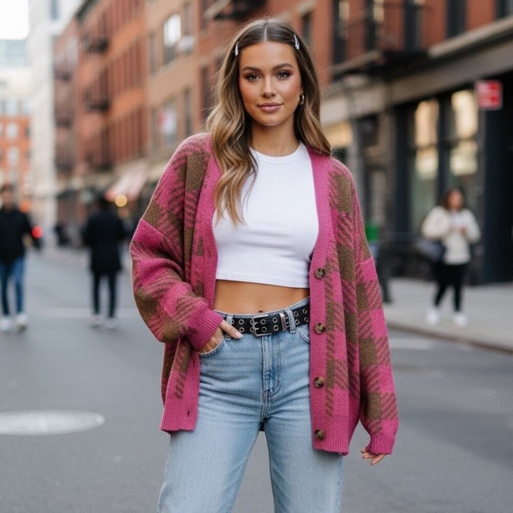 Maurices pink plaid button‑down cardigan